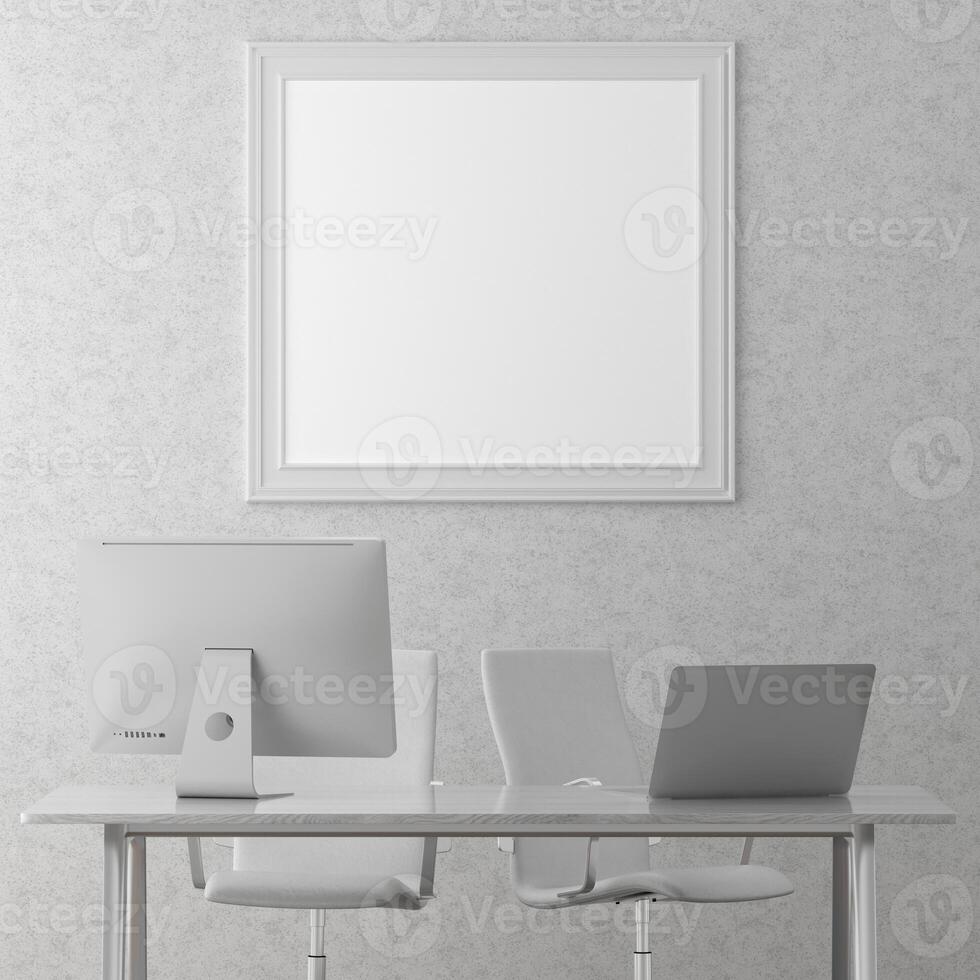 3D interior design minimal workspace with mockup photo frame