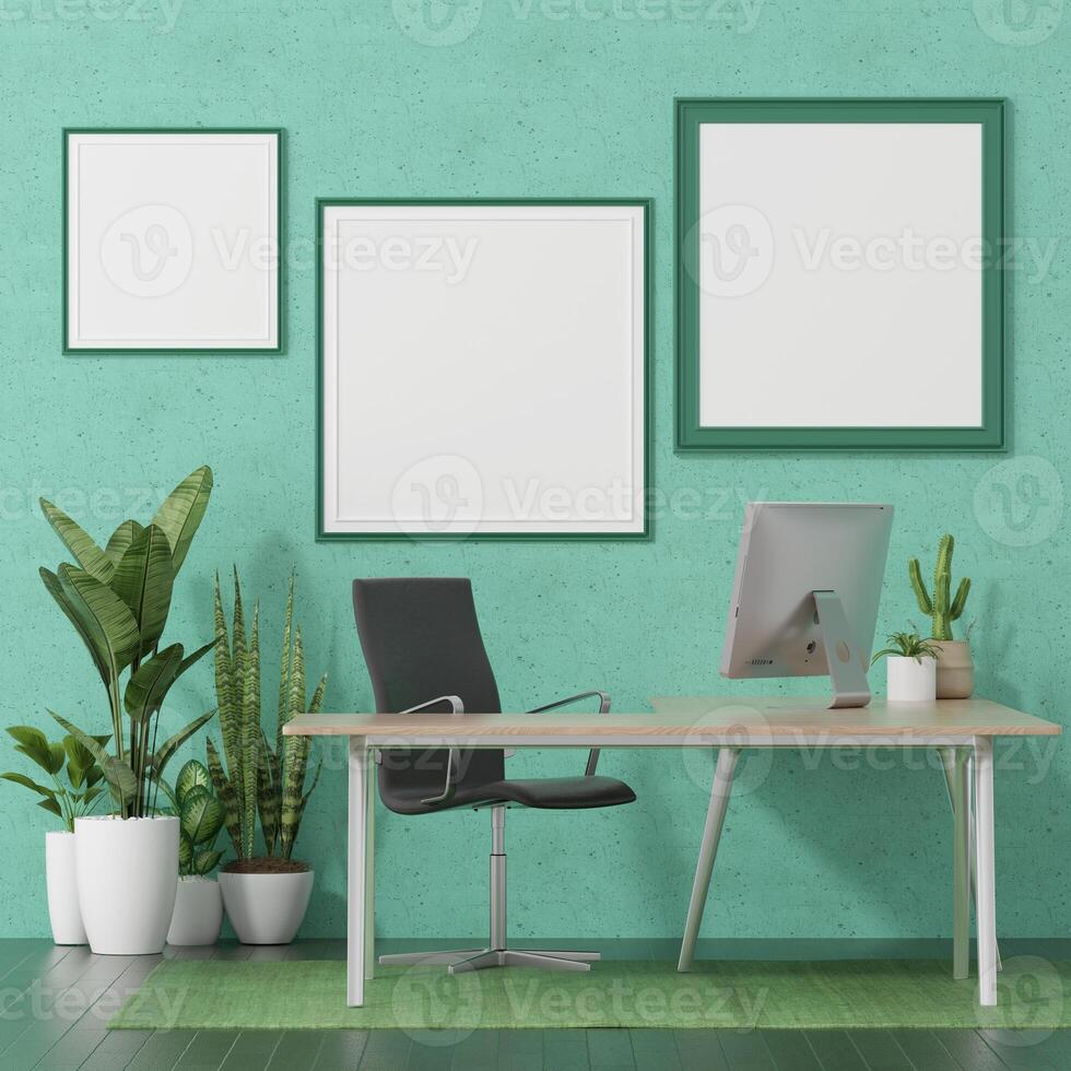 3D interior design minimal workspace with mockup photo frame