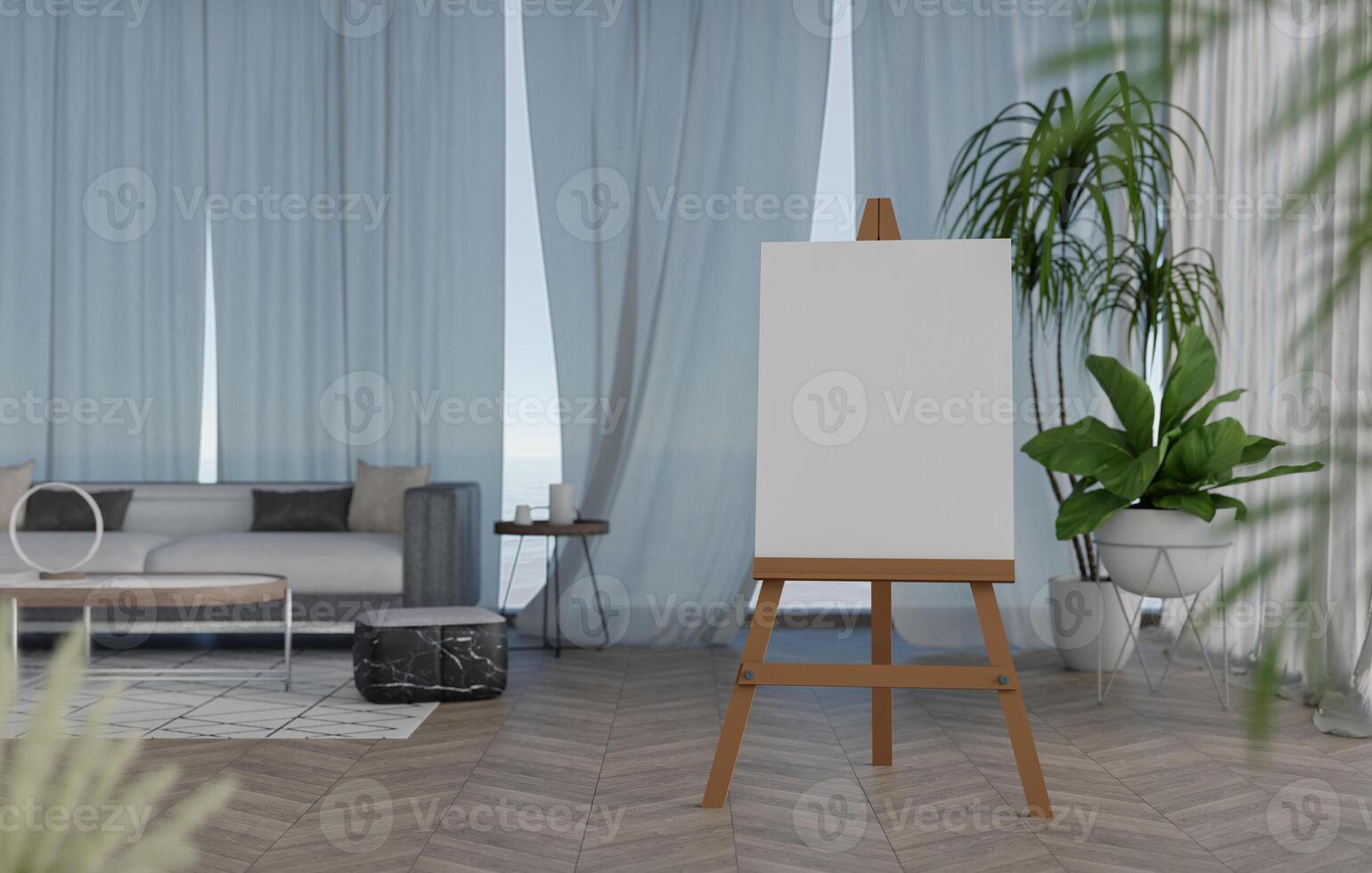 3D mockup blank photo frame on tripod in living room rendering