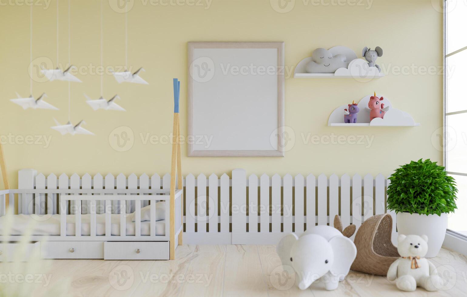 3D mockup blank photo frame in chirldren room rendering