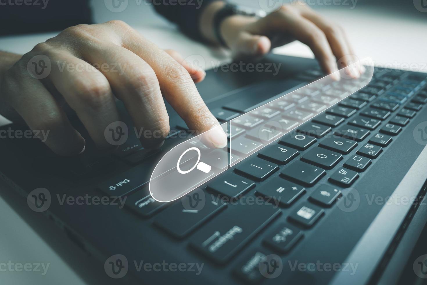 SEO Search engine optimization, Search technology, women's hands using a computer keyboard to search for information, using websites search bar to find the desired information or shopping online. photo