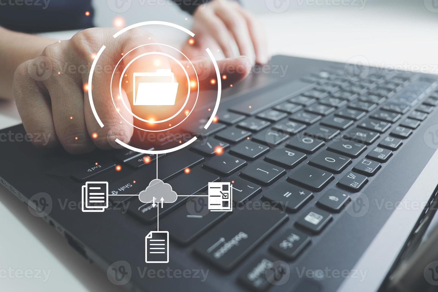 Officer using laptop manage files, Document Management System DMS, Online document database management, automated processes to manage system, ERP enterprise efficient, business technology. photo