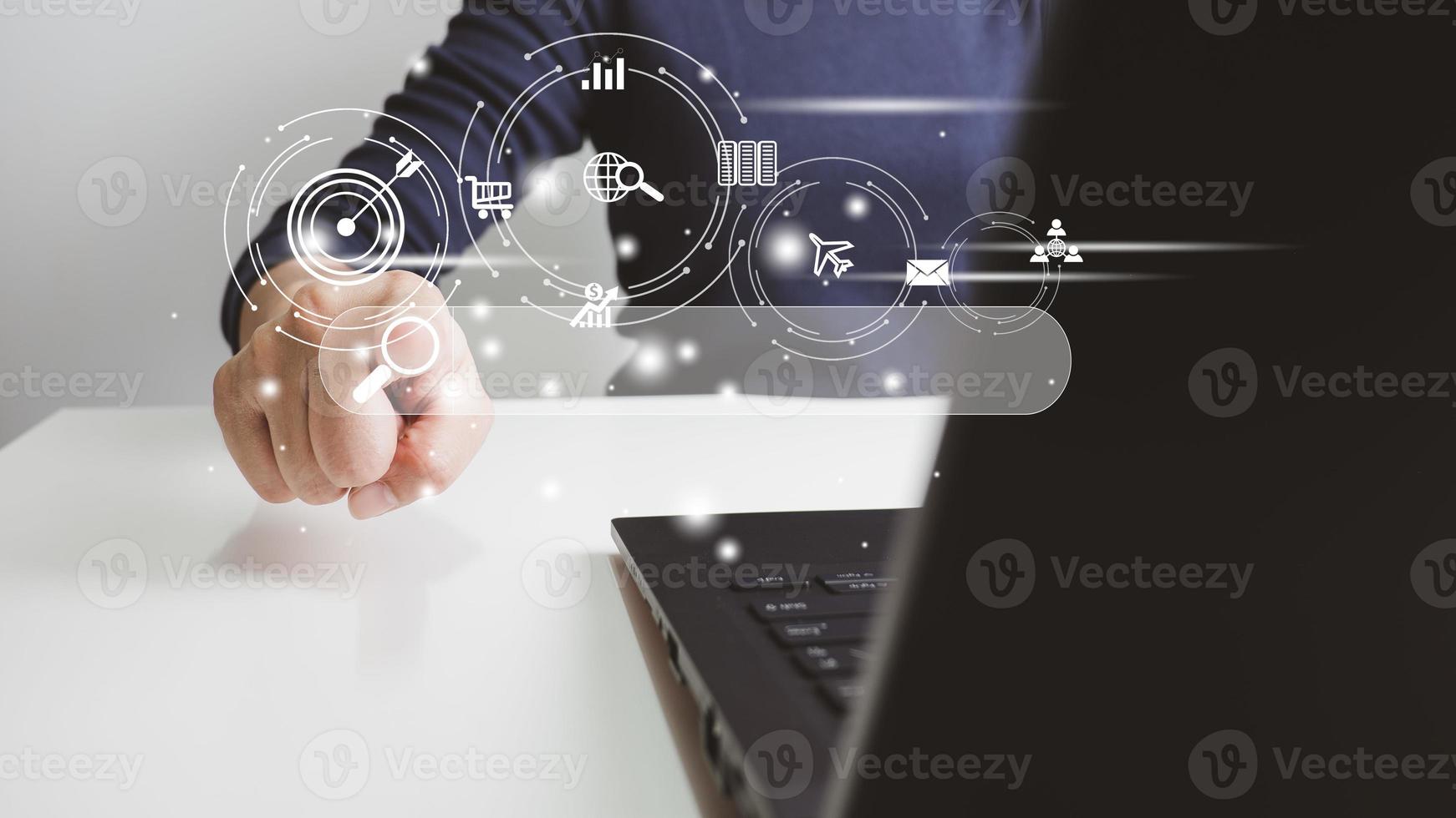 SEO Search engine optimization, Search technology, women's hands using a computer keyboard to search for information, using websites search bar to find the desired information or shopping online. photo