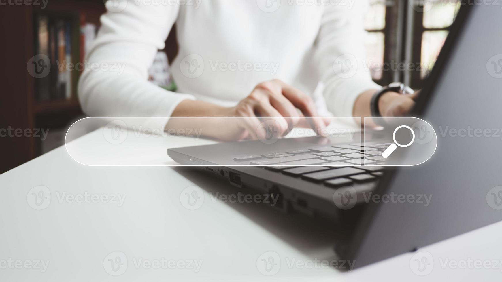 SEO Search engine optimization, Search technology, women's hands using a computer keyboard to search for information, using websites search bar to find the desired information or shopping online. photo