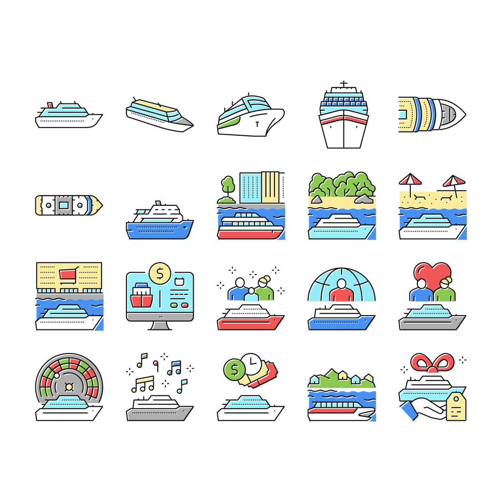 Cruise Ship Vacation Enjoyment Icons Set Vector