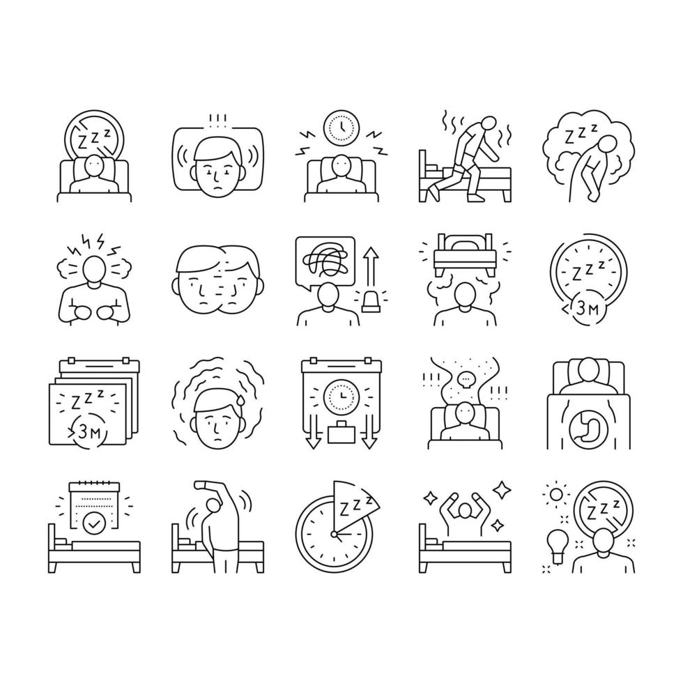Insomnia Person Chronic Problem Icons Set Vector