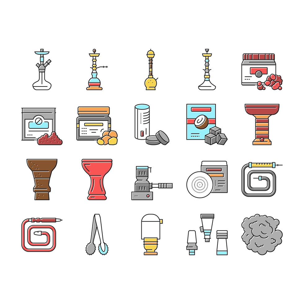 narguile, tabaco, fumar, colección, iconos, conjunto, vector