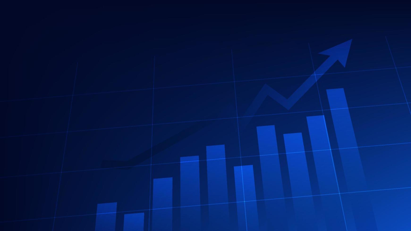 gráfico de barras con flecha de tendencia alcista que muestra el crecimiento del rendimiento empresarial y el beneficio de la inversión en el fondo azul vector