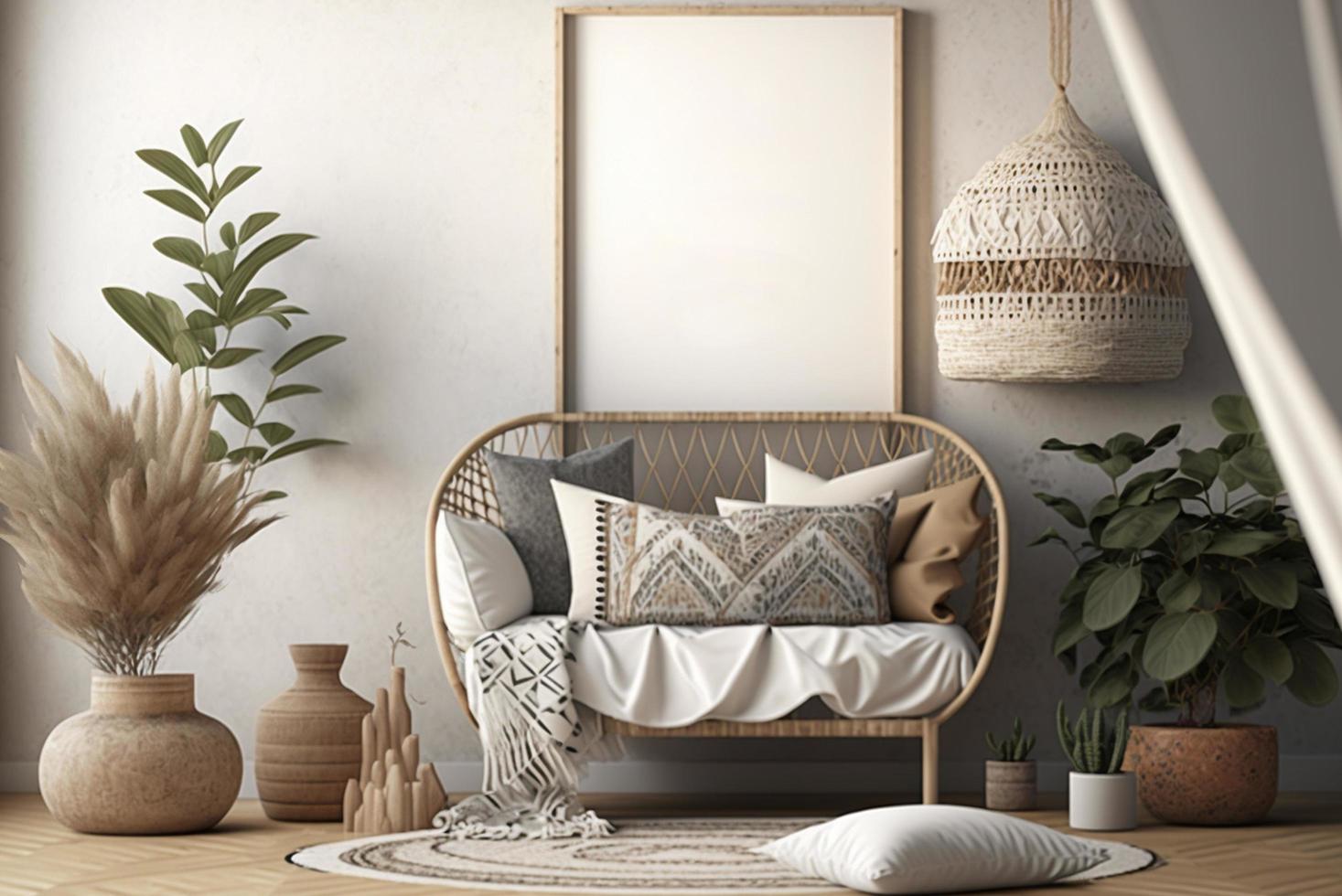 Scandinavian style bedroom mockup with natural wood furniture and a beige color scheme photo