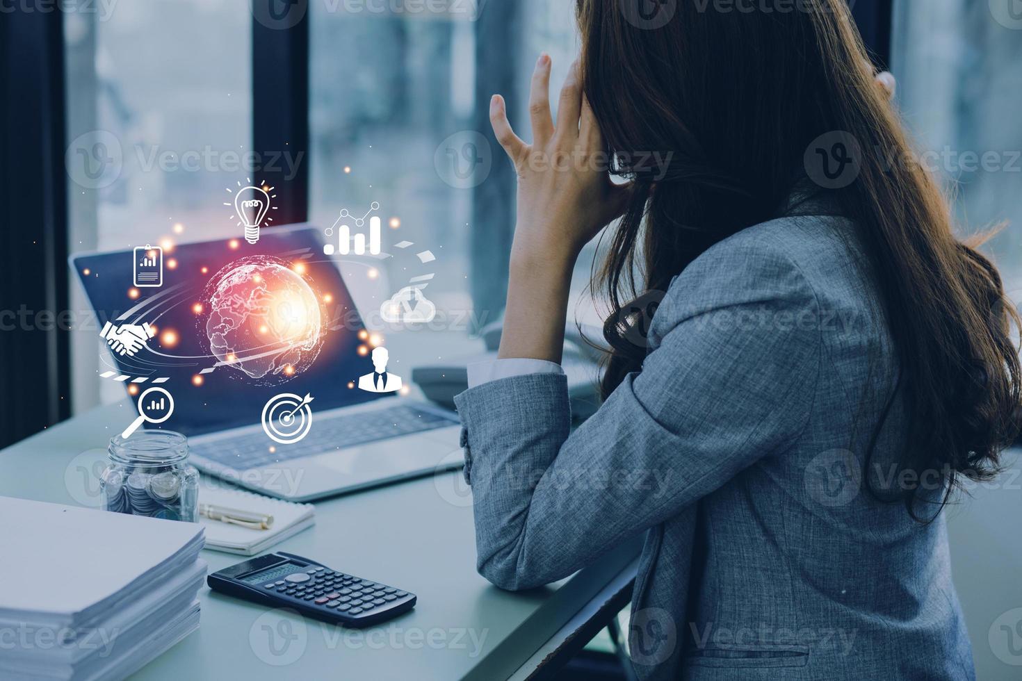woman Hand holding virtual Global Internet connection metaverse. Business global internet connection application technology and digital marketing, Financial and banking, Digital link tech, big data. photo
