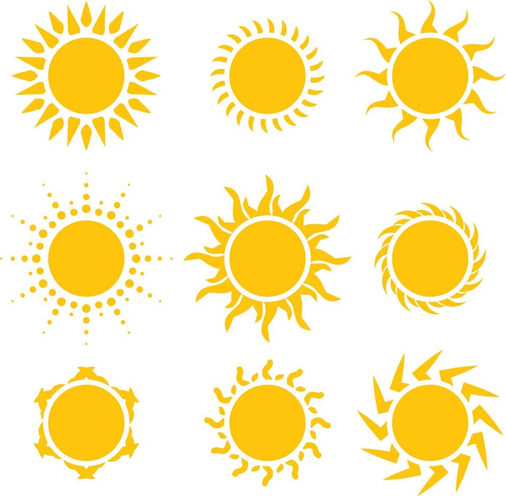 icono de rayos de sol de verano plano establecido en un estilo diferente vector