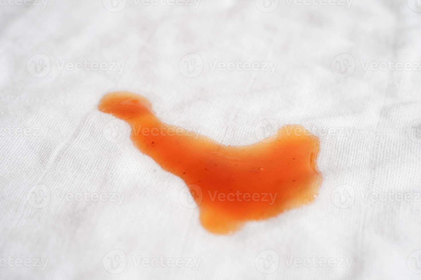 Dirty spicy sauce stain on cloth to wash with washing powder, cleaning housework concept. photo