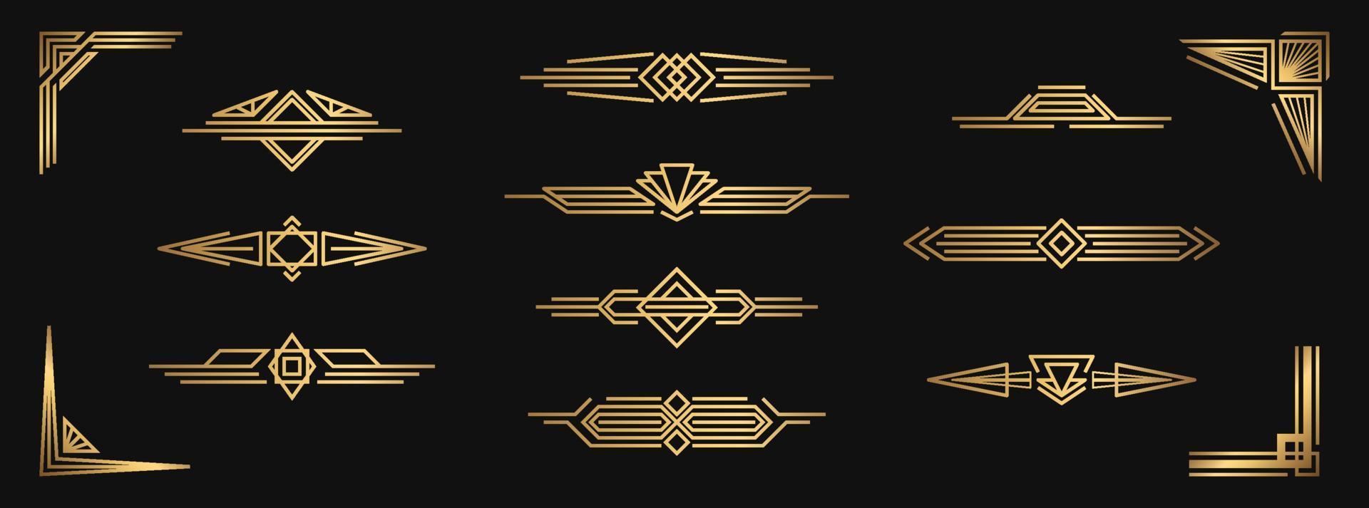 conjunto de divisores de oro vectoriales. esquinas y bordes art decó aislados para el diseño vector