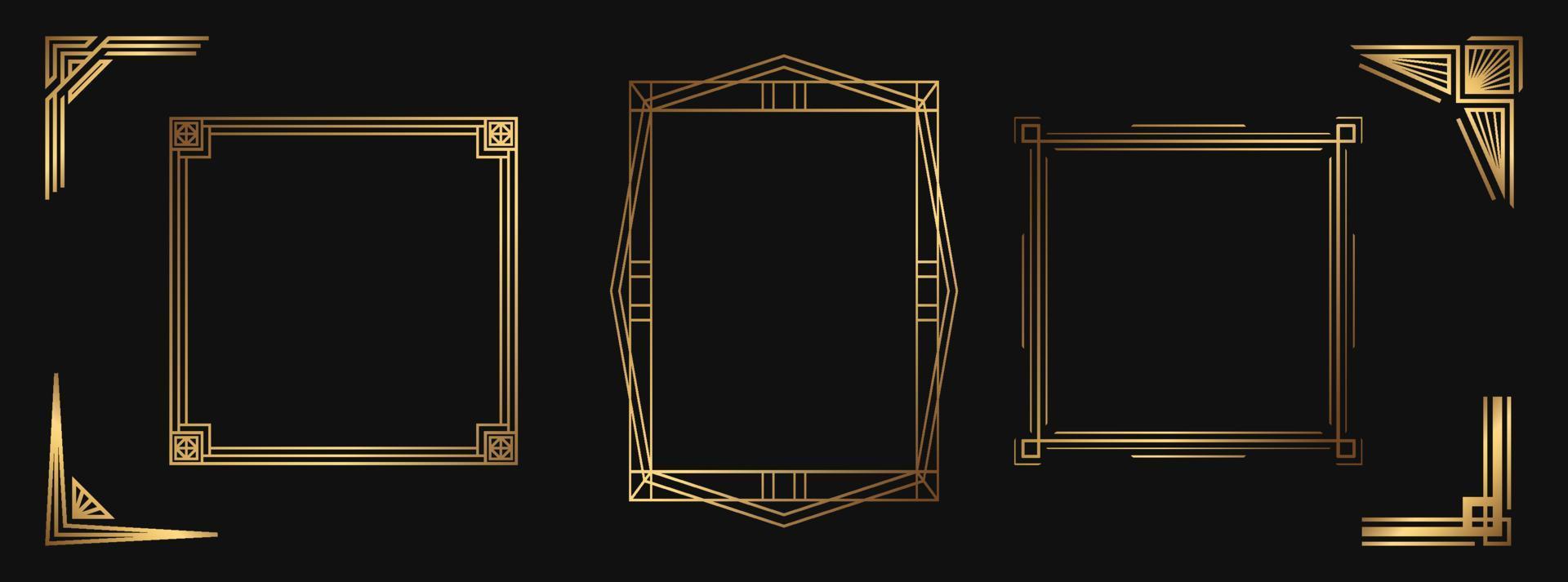 Set of golden decorative elements. Isolated art deco frames and borders for design vector