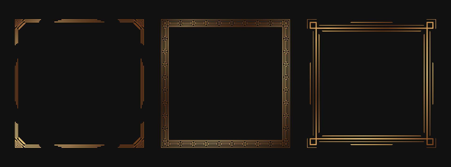 Set of golden decorative frames. Isolated Art Deco line art borders with empty space. vector