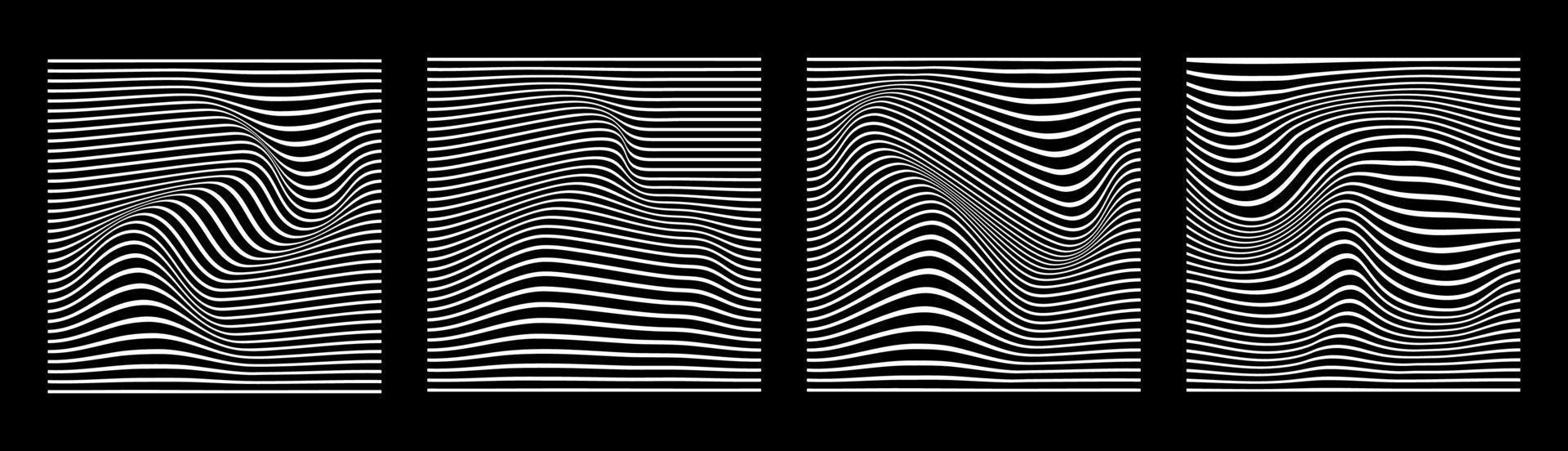 Black and white abstract wave line stripe vector illustration set. Optical art wavy background. Collection of striped lines illusion.