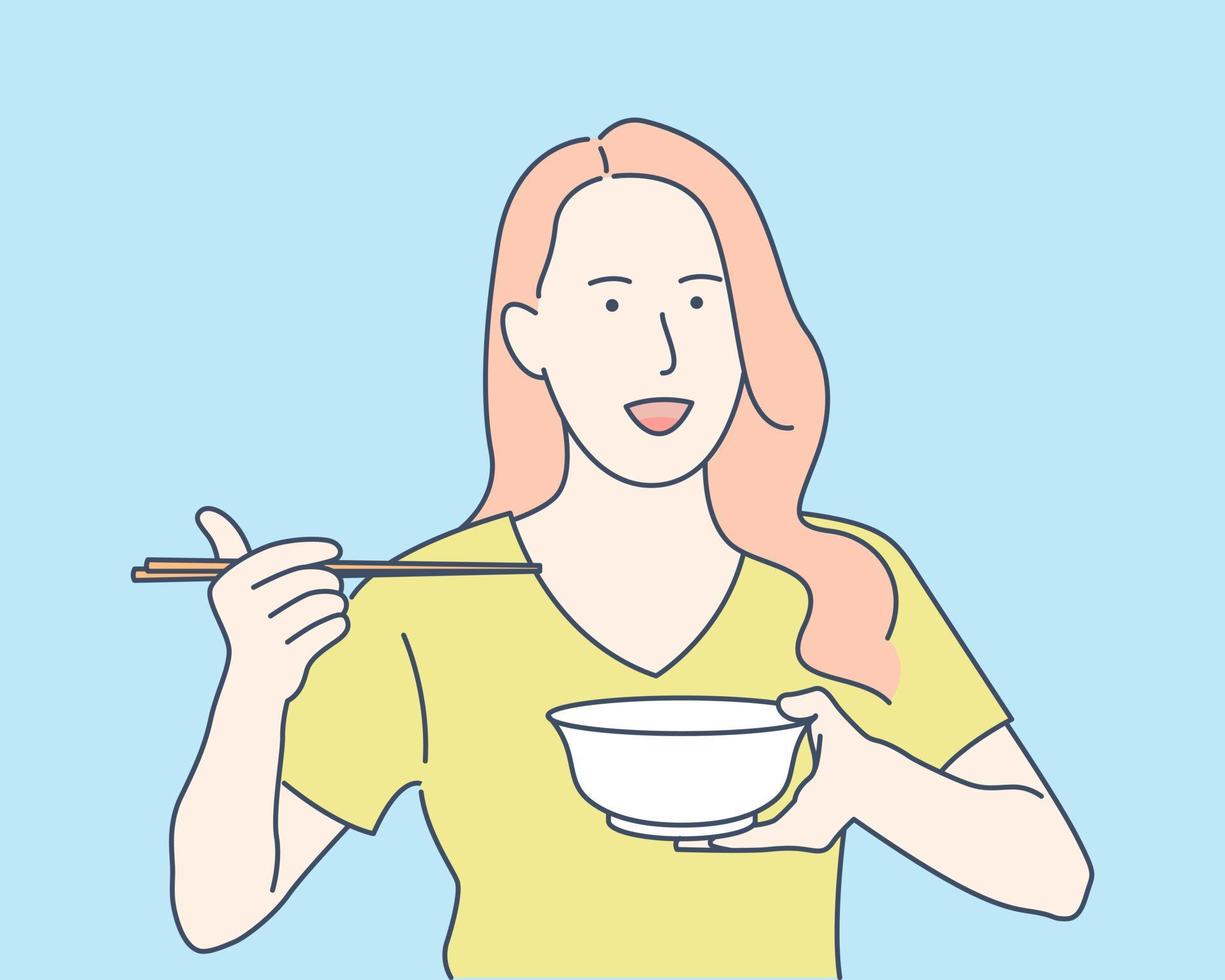 expresión de mujer comiendo con palillos, ilustración de diseño de vector de estilo dibujado a mano.