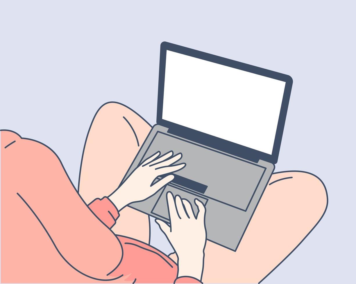 A busy woman with laptop top view, hand drawn style vector design illustration