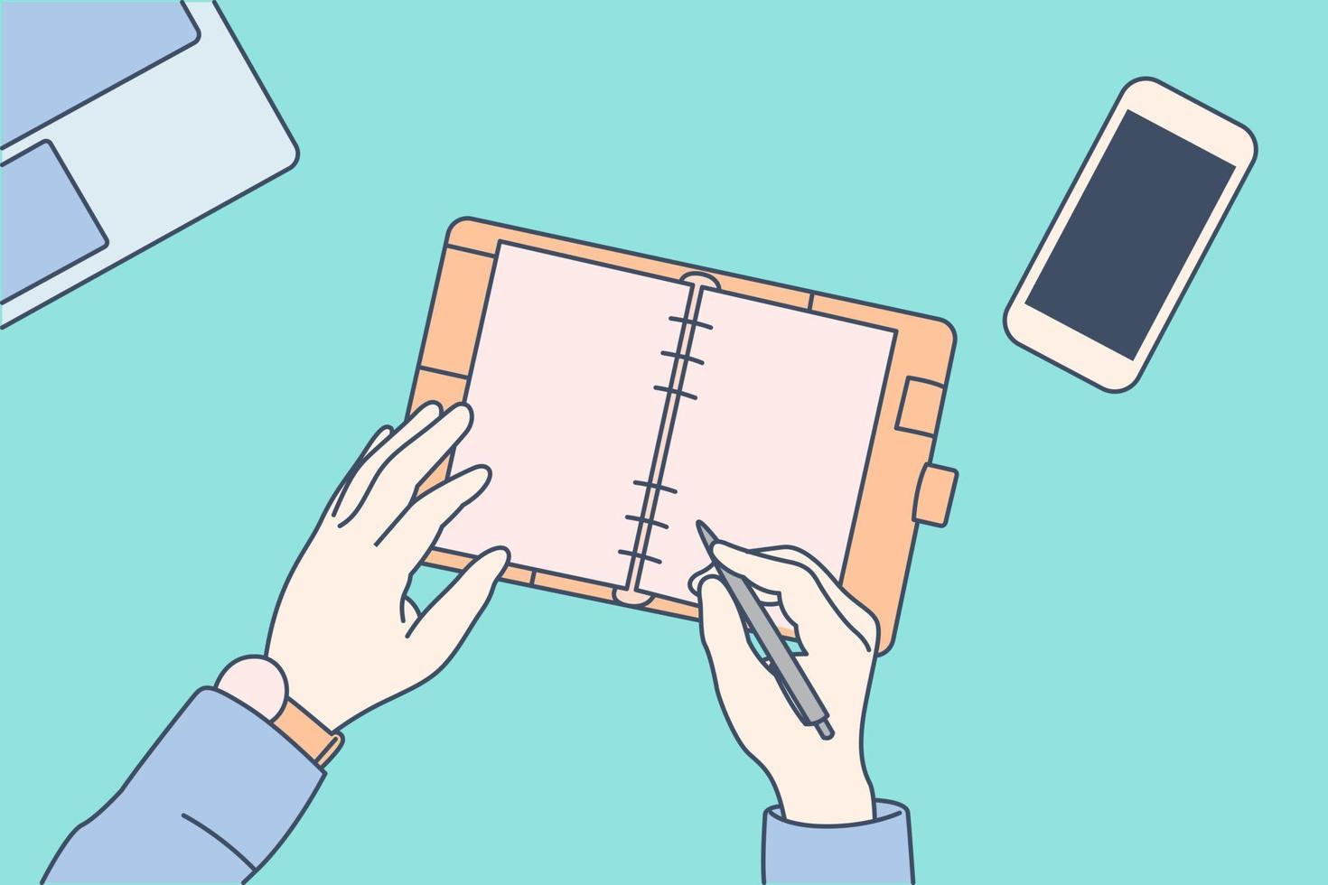 Man writing diary at work desk, hand drawn style vector design illustration