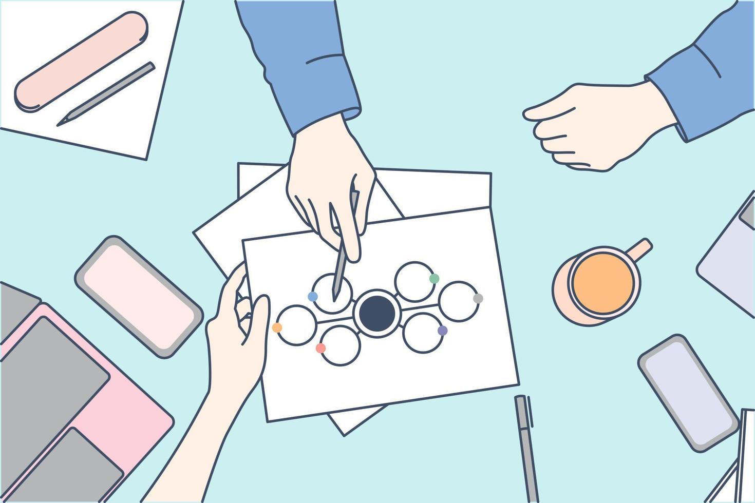 Flat lay people working at office, hand drawn style vector design illustrations