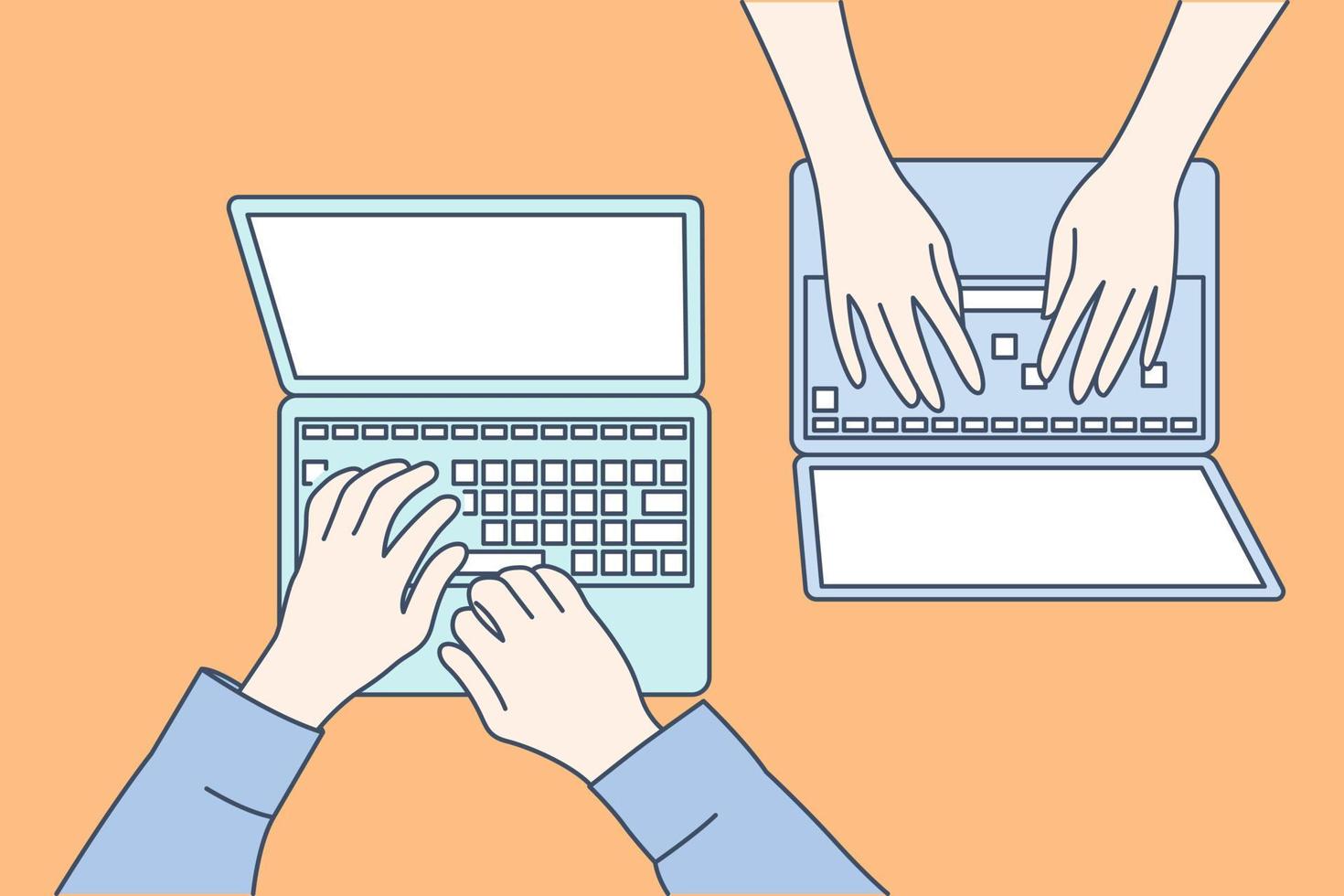 Two human hands busy with laptop, hand drawn style vector design illustration.