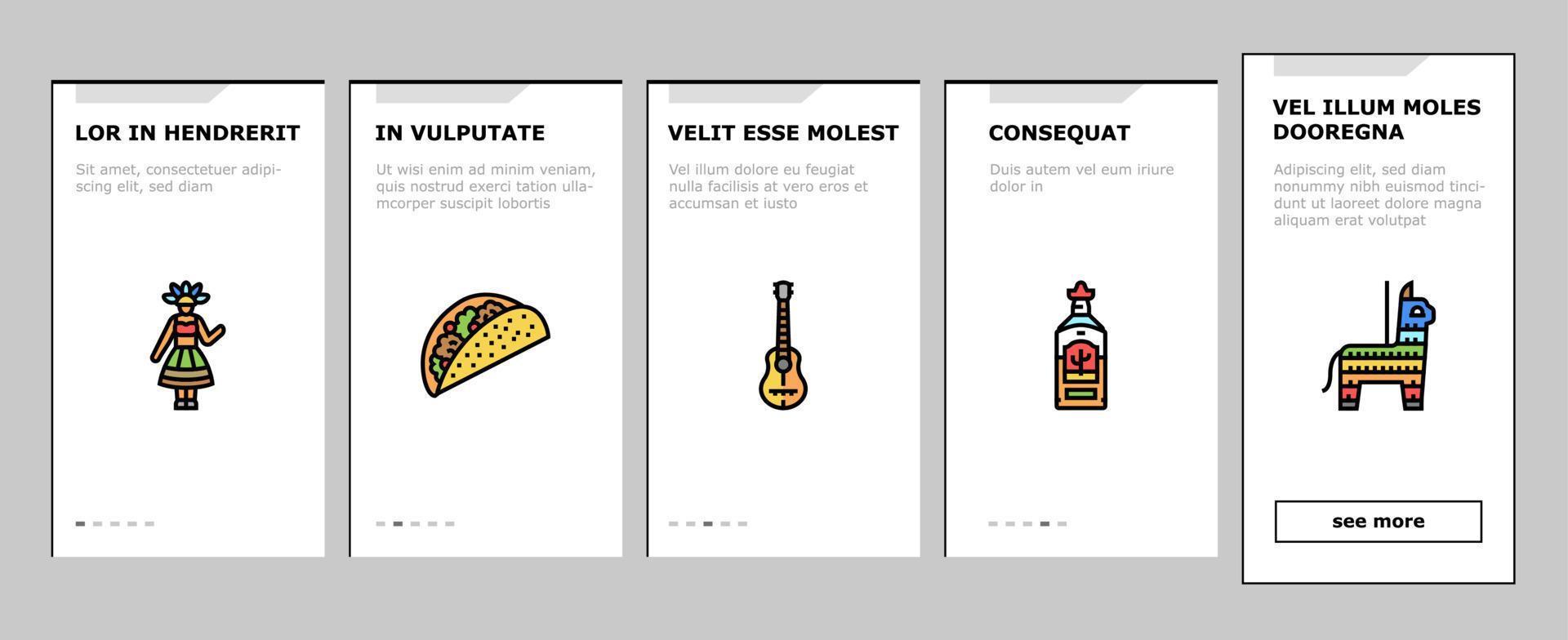 South America Scape And Tradition onboarding icons set vector