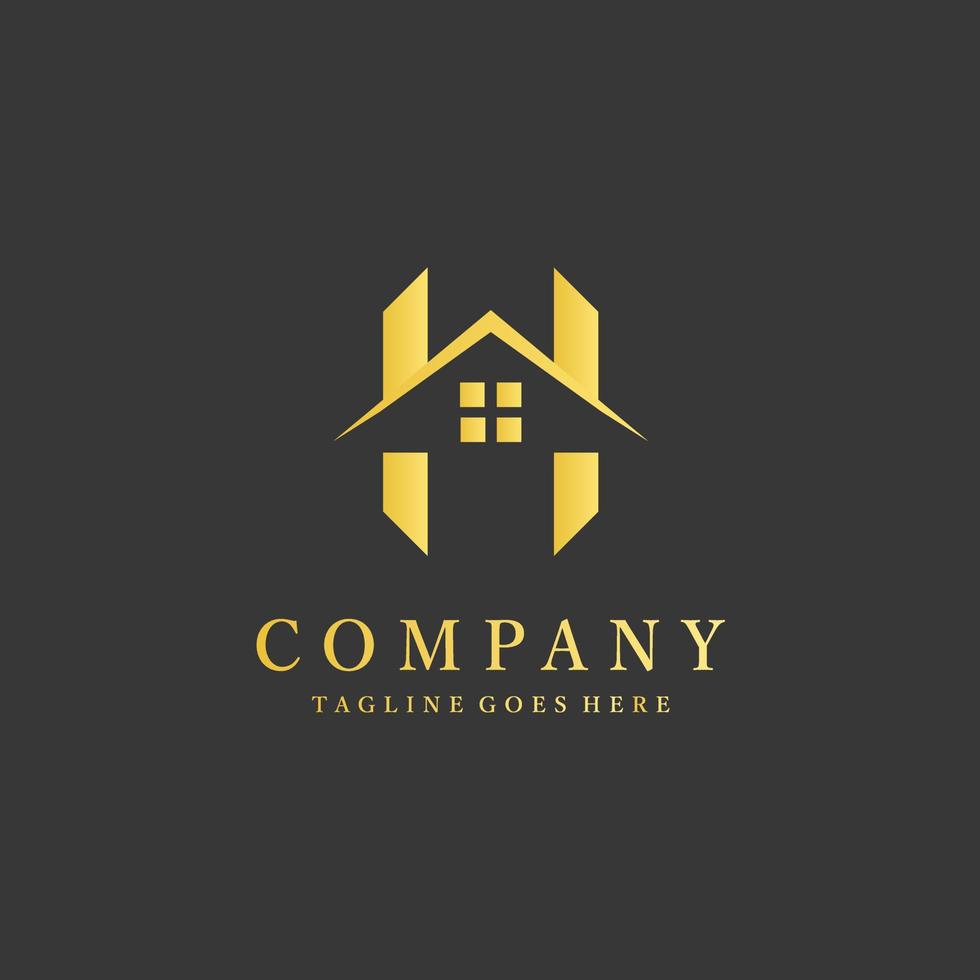 H letter gold logo with real estate house building roof and windows icon vector