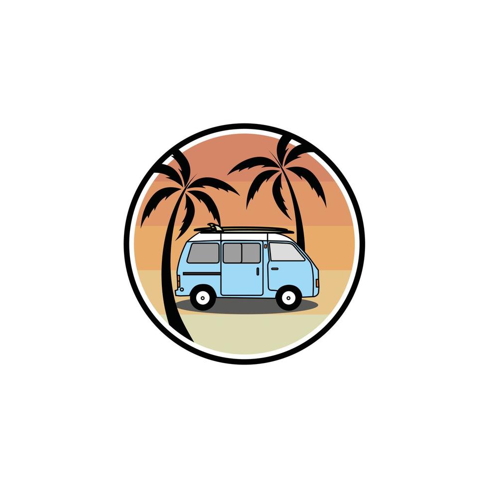 Camper van palm trees and sun logo design inspiration vector