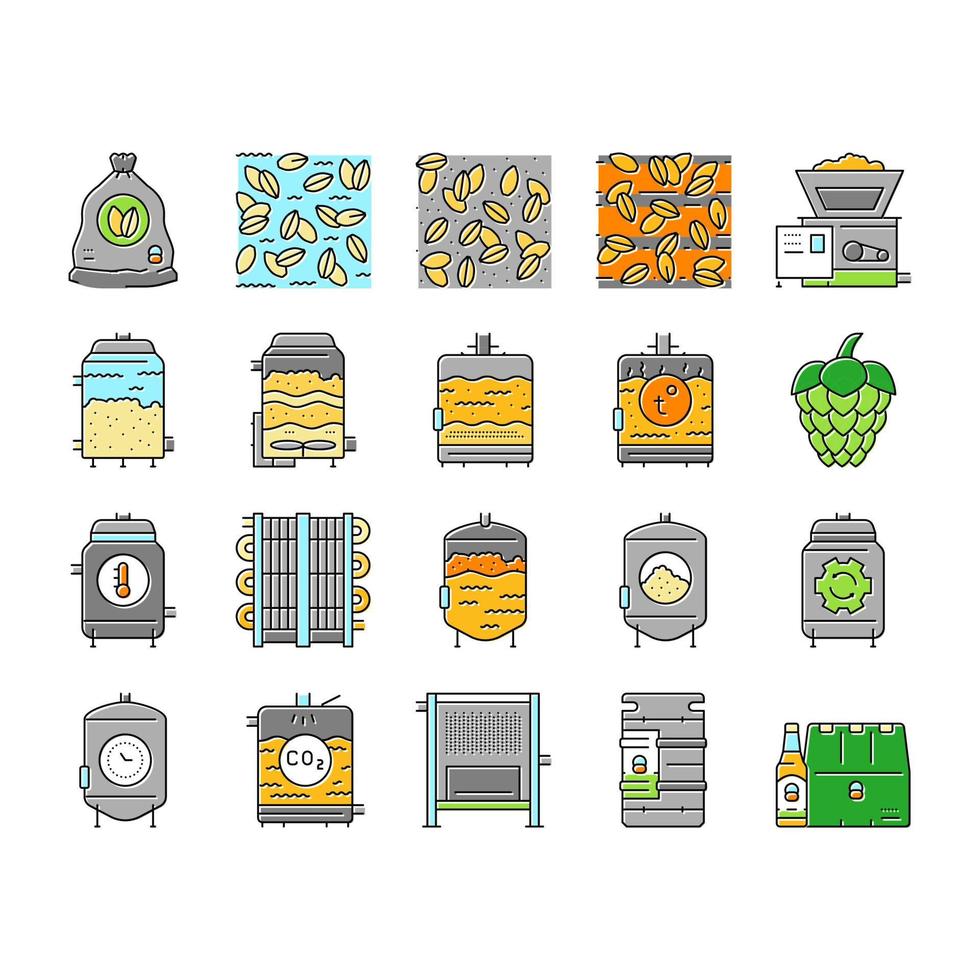 beer production brewery factory icons set vector