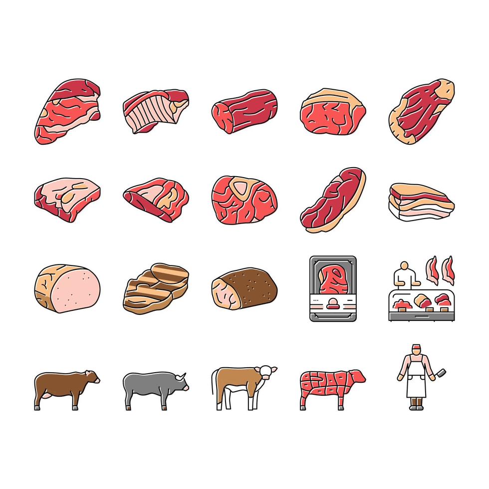 conjunto de iconos de producción de nutrición de carne de res vector