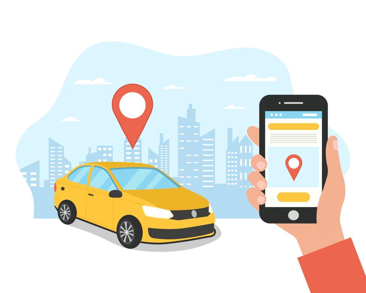 The concept of calling a taxi through a mobile application. Taxi service. The hand holds a smartphone with an application for finding a taxi. Vector illustration.