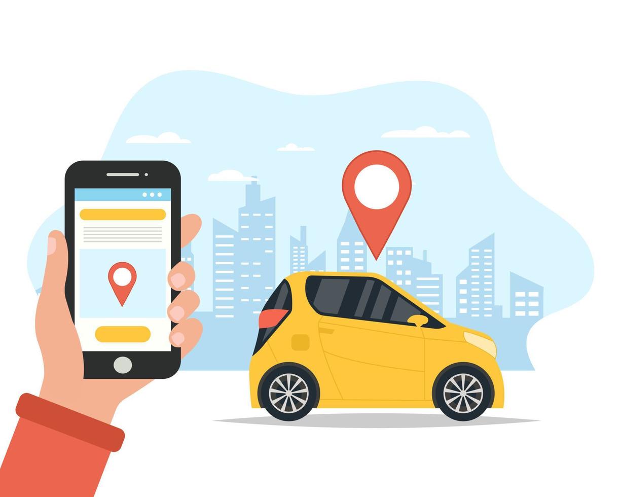 Calling a taxi through a mobile application. Vector illustration.