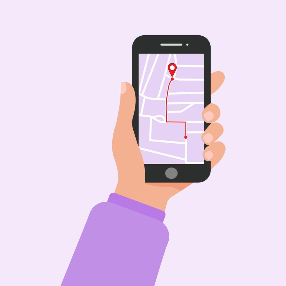 The girl holds a mobile phone in her hand with a GPS navigation application. Street map and traffic scheme. Vector illustration.