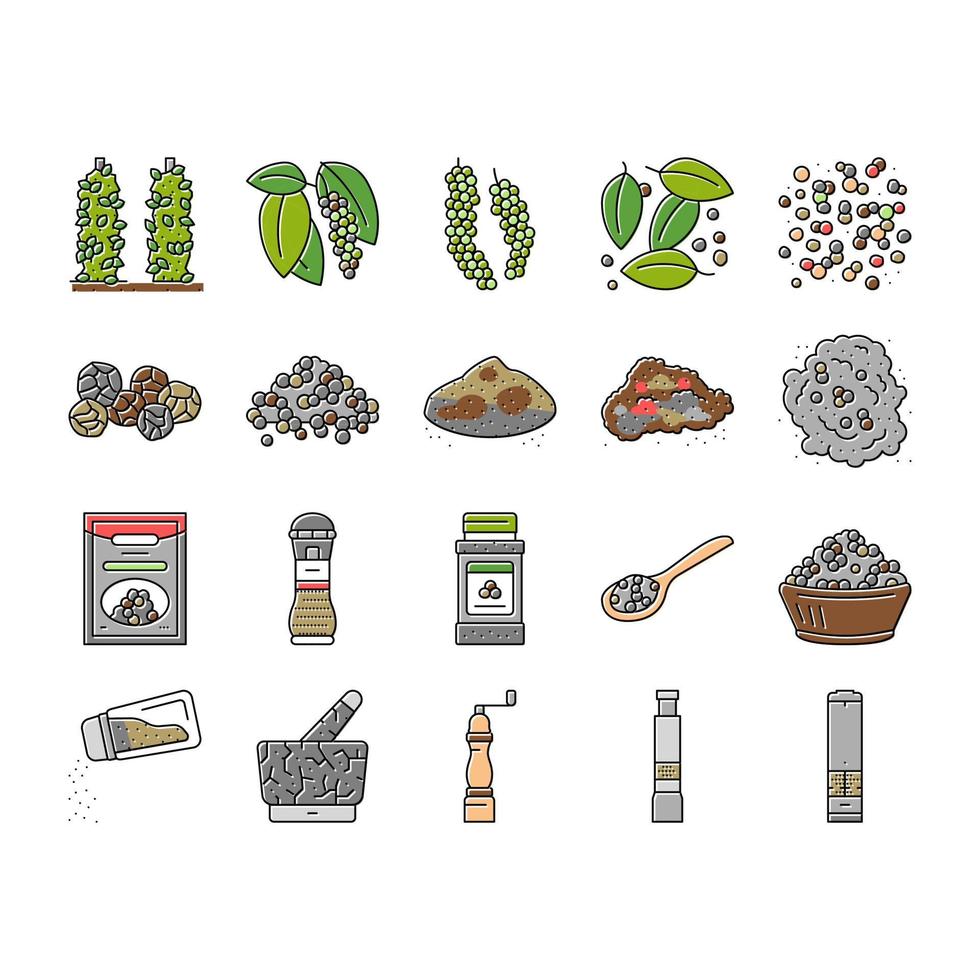 Black Pepper Aromatic Hot Spice Icons Set Vector