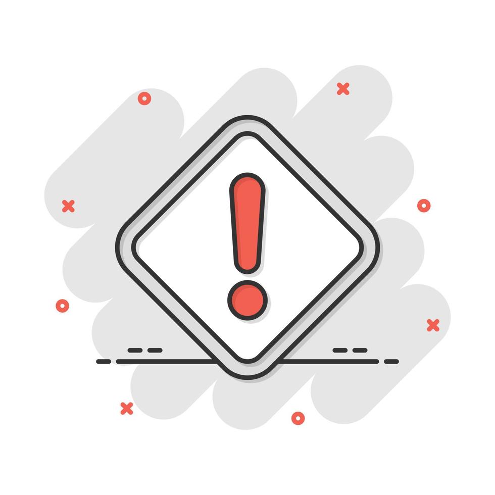 Exclamation mark icon in comic style. Danger alarm vector cartoon illustration pictogram. Caution risk business concept splash effect.