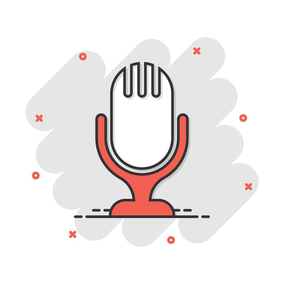 Microphone icon in comic style. Mic broadcast vector cartoon illustration pictogram. Microphone mike speech business concept splash effect.