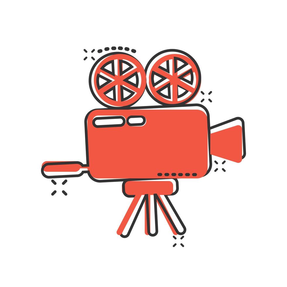 Projector icon in comic style. Cinema camera cartoon vector illustration on white isolated background. Movie splash effect business concept.
