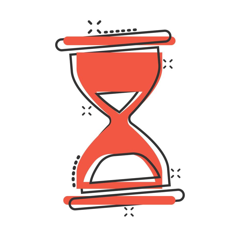 Hourglass icon in comic style. Sandglass cartoon vector illustration on white isolated background. Clock splash effect business concept.