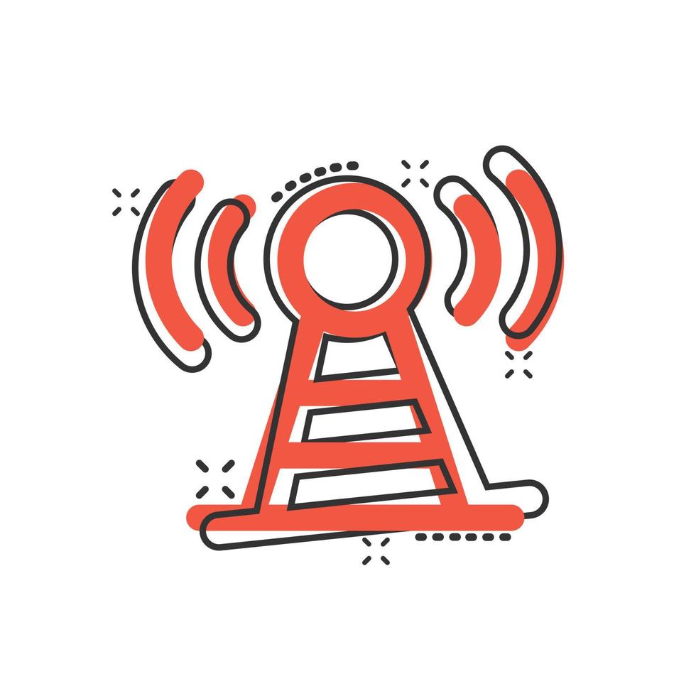 Antenna tower icon in comic style. Broadcasting cartoon vector illustration on white isolated background. Wifi splash effect business concept.