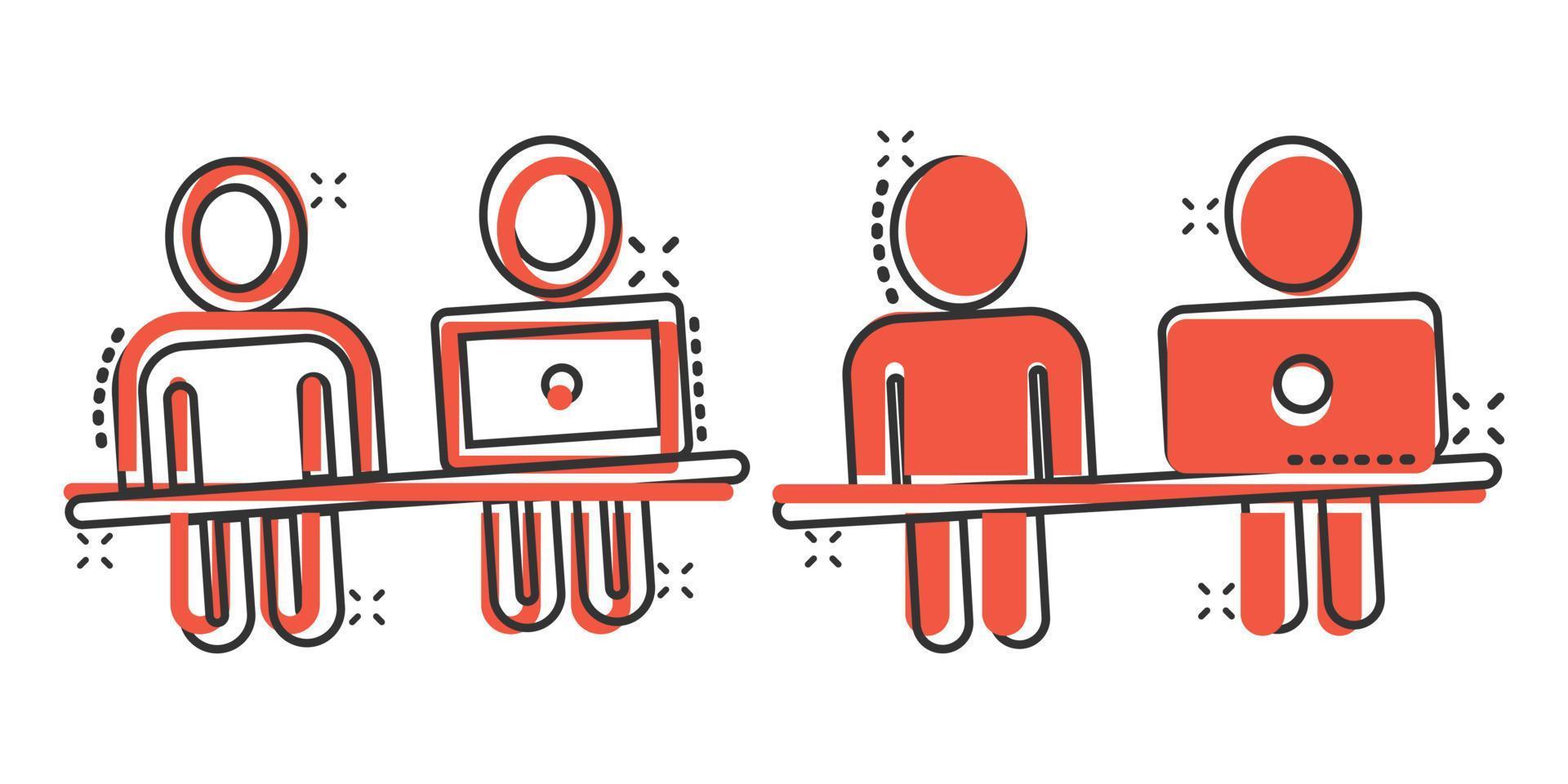 People with laptop computer icon in comic style. Pc user cartoon vector illustration on white isolated background. Office manager splash effect business concept.