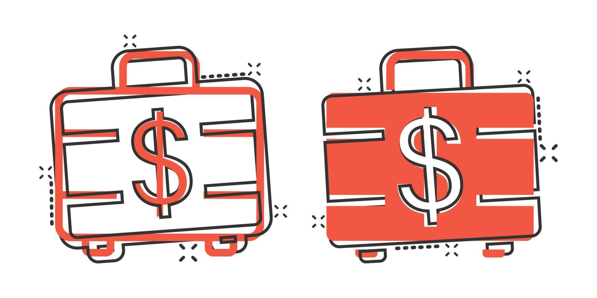 Money briefcase icon in comic style. Cash box cartoon vector illustration on white isolated background. Finance splash effect business concept.