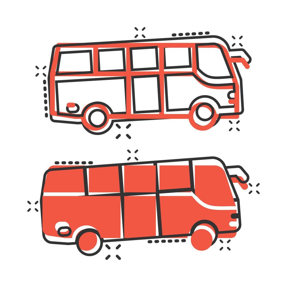 icono de autobús en estilo cómico. ilustración de vector de dibujos animados de entrenador sobre fondo blanco aislado. concepto de negocio de efecto de salpicadura de vehículo autobus.