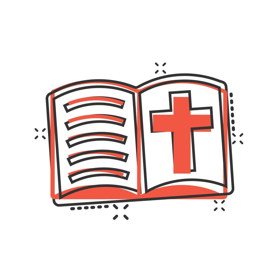 Bible book icon in comic style. Church faith cartoon vector illustration on white isolated background. Spirituality splash effect business concept.