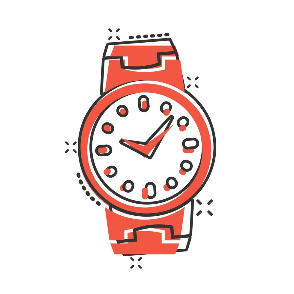 Wrist watch icon in comic style. Hand clock cartoon vector illustration on white isolated background. Time bracelet splash effect business concept.