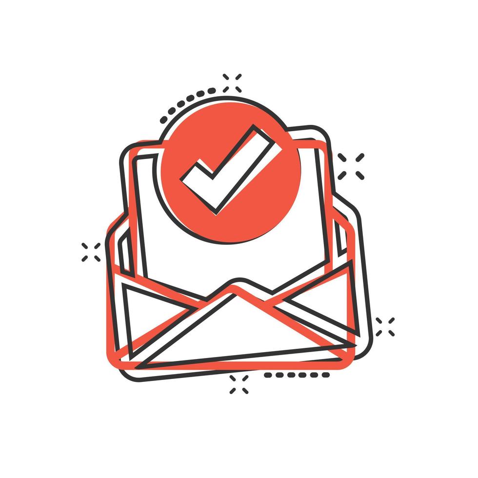Envelope with confirmed document icon in comic style. Verify cartoon vector illustration on white isolated background. Receive splash effect business concept.