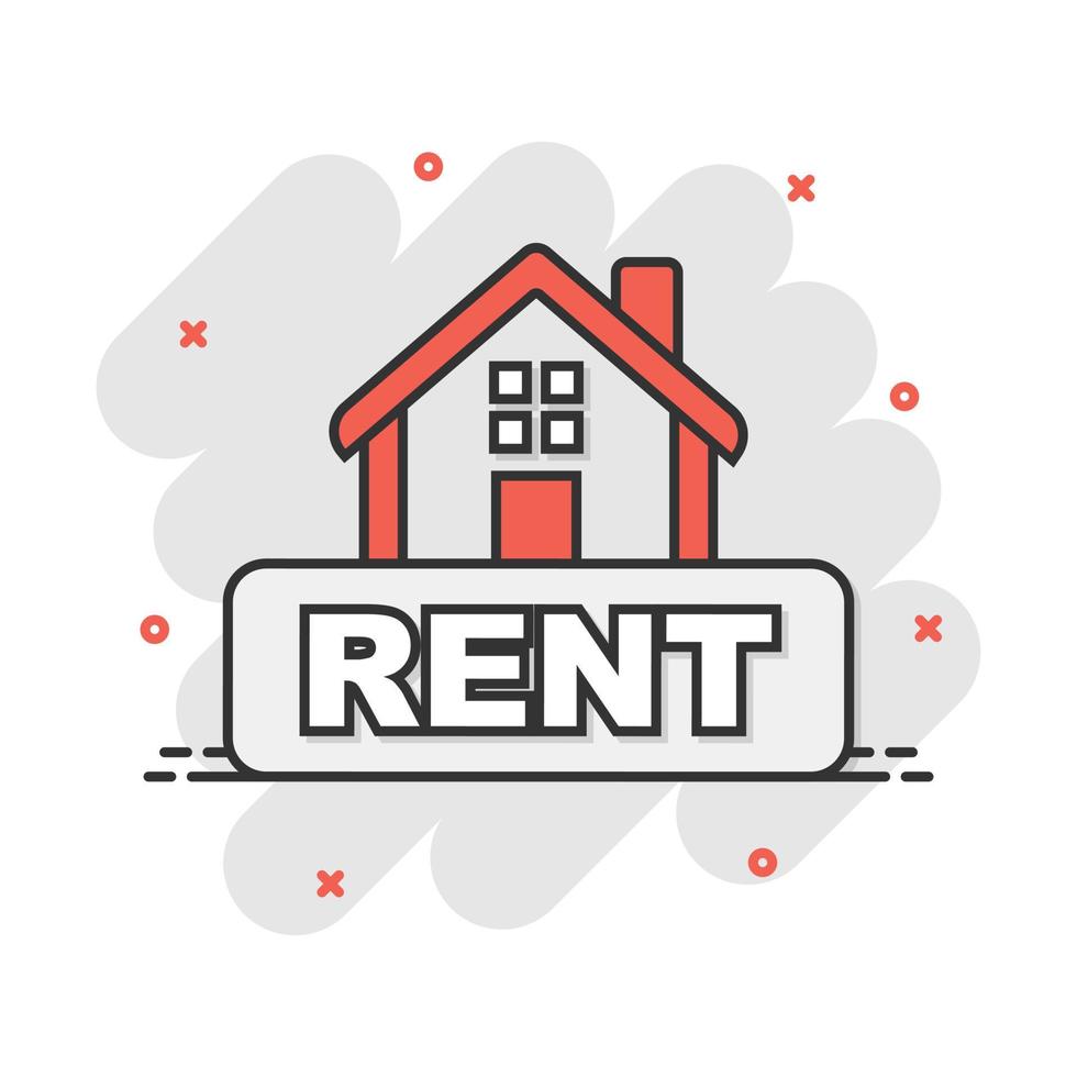 Cartoon rent house icon in comic style. Home illustration pictogram. Rental sign splash business concept. vector