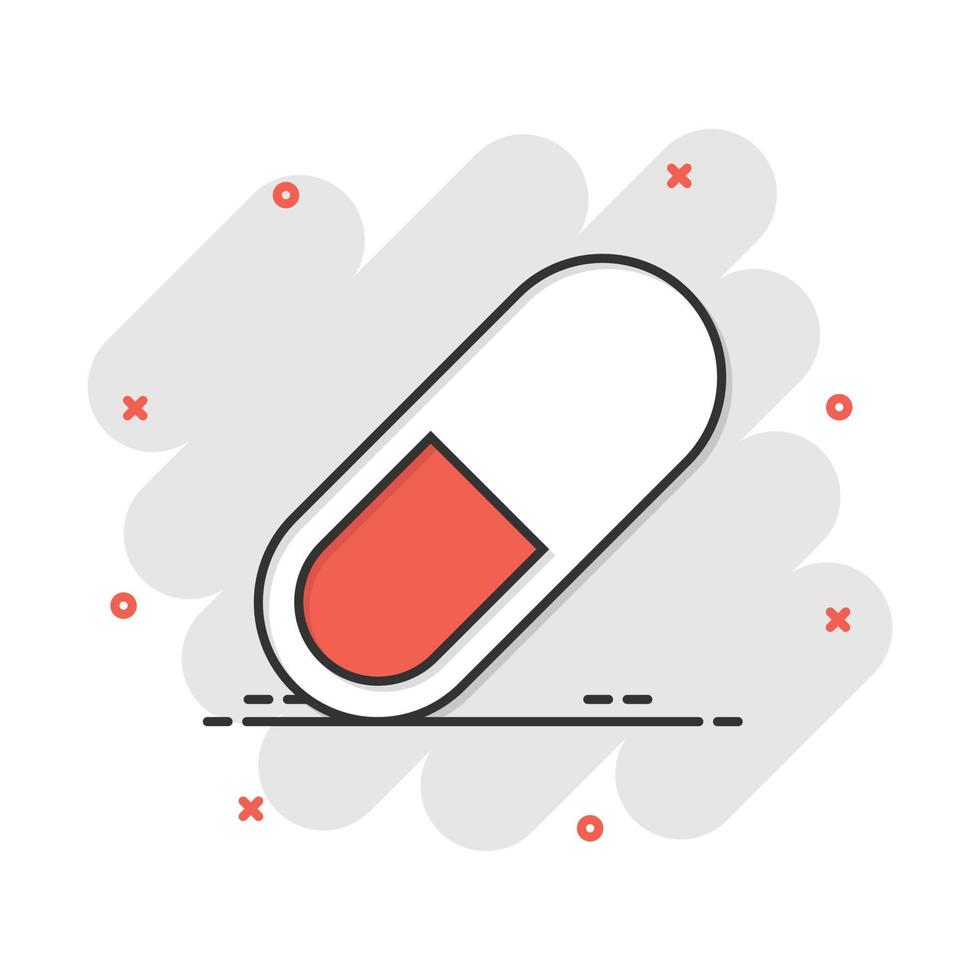Vector cartoon pill icon in comic style. Tablet concept illustration pictogram. Capsule medical business splash effect concept.