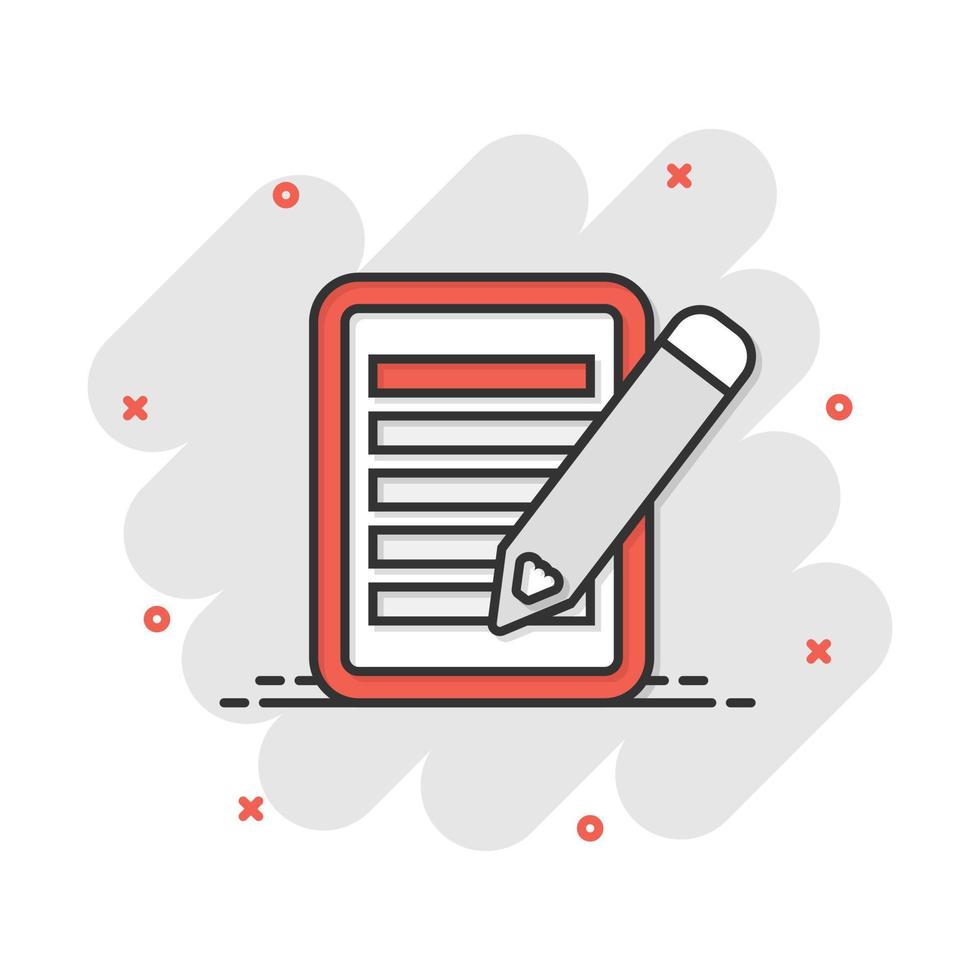 Vector cartoon document with pencil icon in comic style. Note with pen sign illustration pictogram. Notebook business splash effect concept.