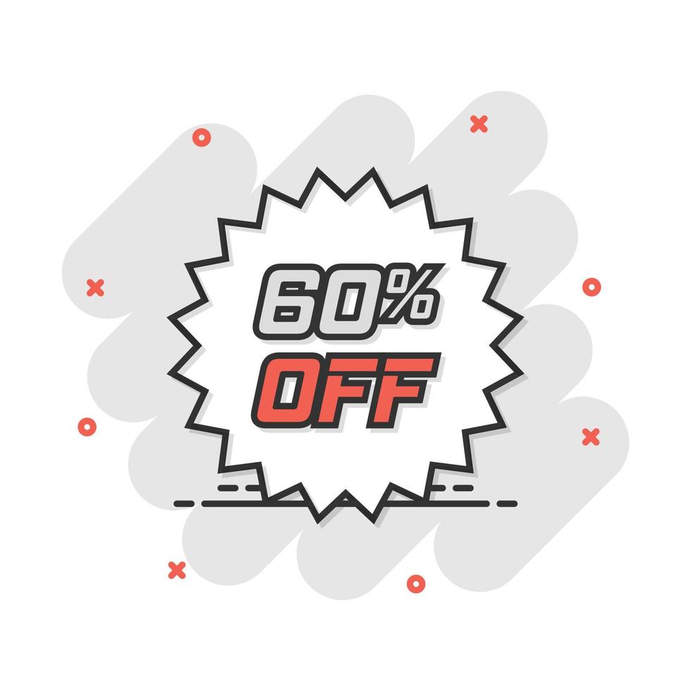 Vector cartoon discount sticker icon in comic style. Sale tag illustration pictogram. Promotion 60 percent discount splash effect concept.