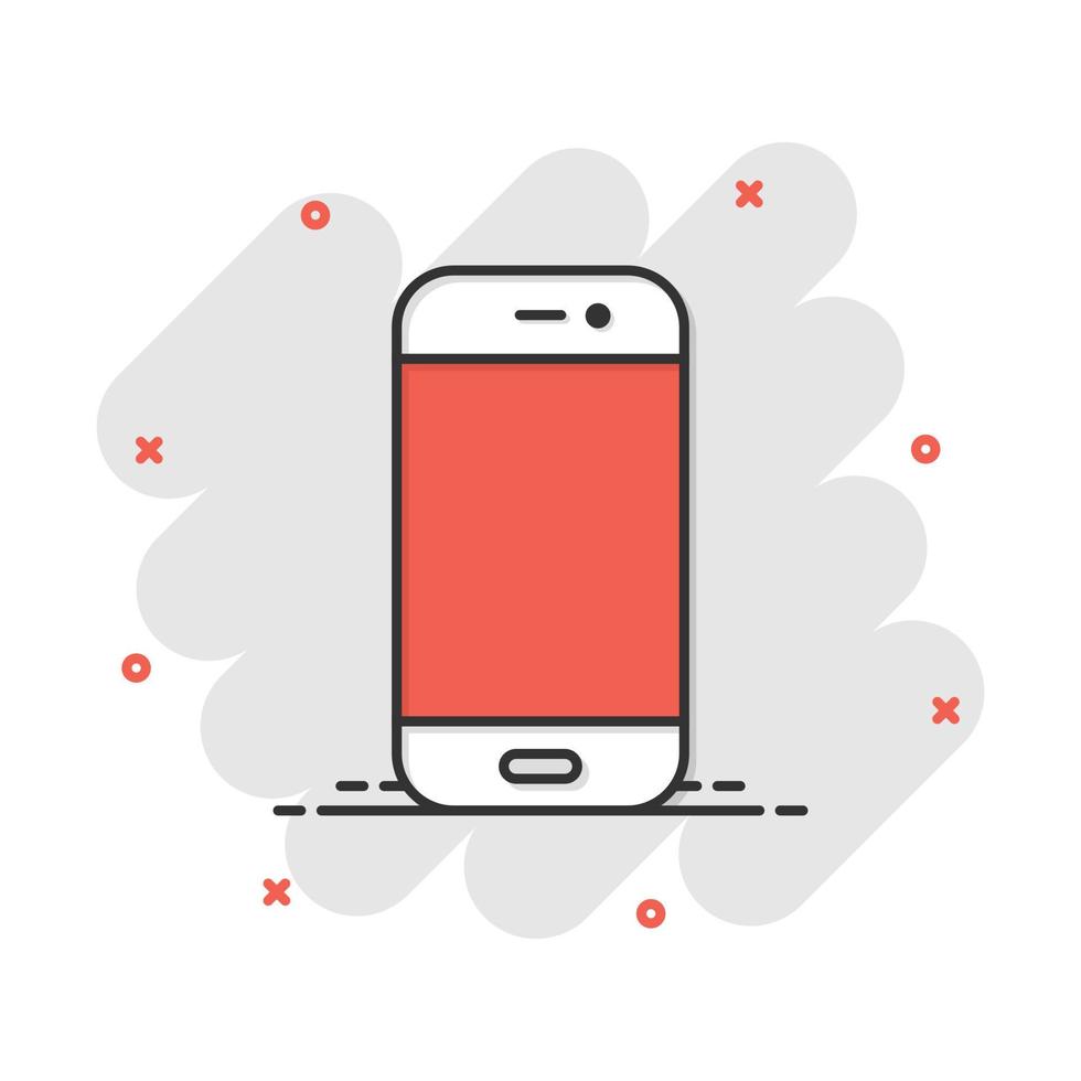 Smartphone icon in comic style. Phone handset vector cartoon illustration pictogram. Smartphone business concept splash effect.